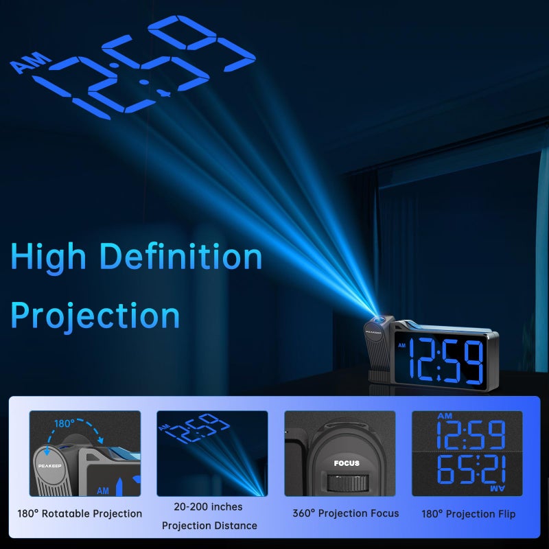 Peakeep Projection Alarm Clock for Bedroom Ceiling 180Â° Rotatable, Loud for Heavy Sleepers, Colorful Nightlight, 5 Brightness Dimmable Large Number Bedside Electric LED Digital Clock with USB Port - Image 2
