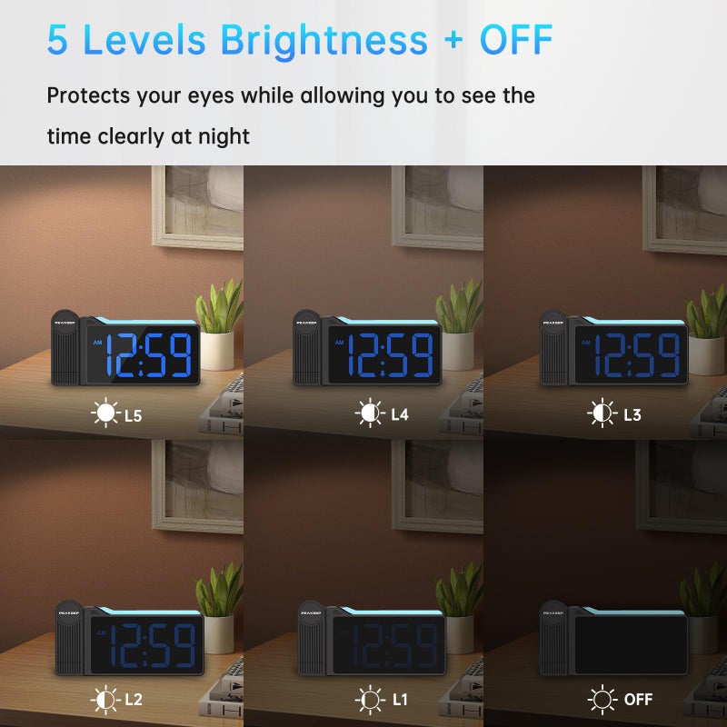 Peakeep Projection Alarm Clock for Bedroom Ceiling 180Â° Rotatable, Loud for Heavy Sleepers, Colorful Nightlight, 5 Brightness Dimmable Large Number Bedside Electric LED Digital Clock with USB Port - Image 5