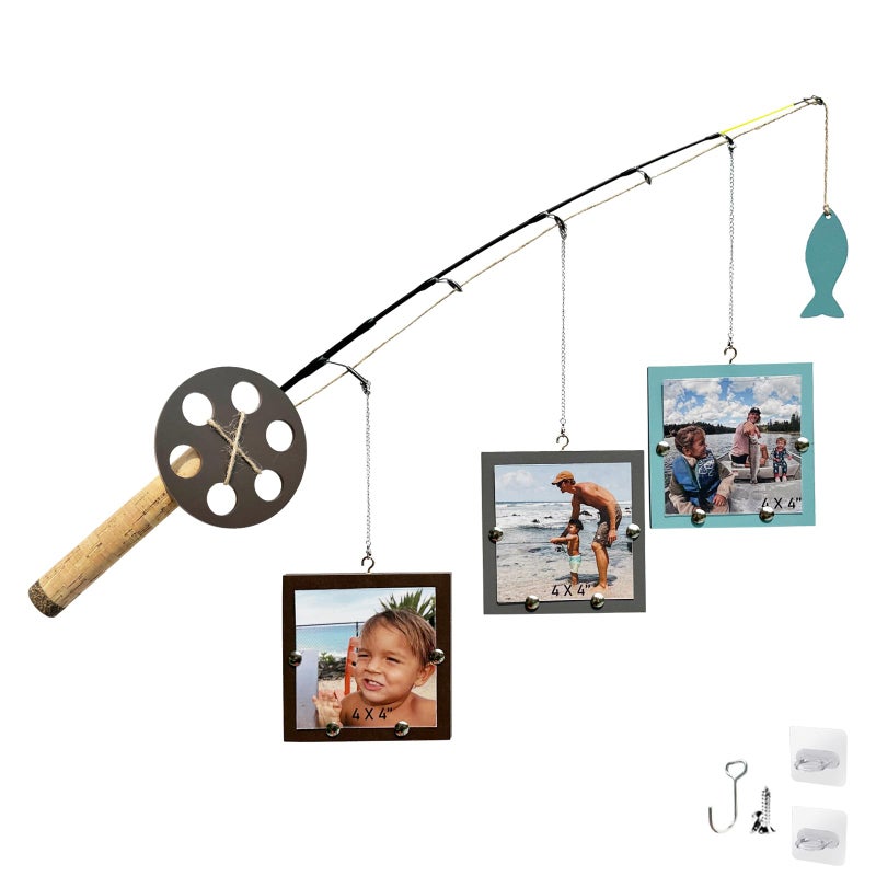 AZEZO Wood Fishing Pole Picture Frame - Three 4''x4'' Frames, Real Fishing Rod Design, Adjustable Bending Level - Fishing Decor for Lake House, Cabin, Farmhouse Wall, Boy’s Room (Spare Parts Included) - Image 1