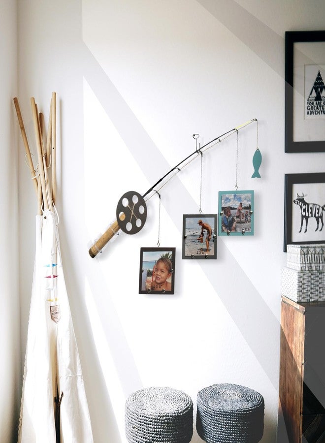 AZEZO Wood Fishing Pole Picture Frame - Three 4''x4'' Frames, Real Fishing Rod Design, Adjustable Bending Level - Fishing Decor for Lake House, Cabin, Farmhouse Wall, Boy’s Room (Spare Parts Included) - Image 2