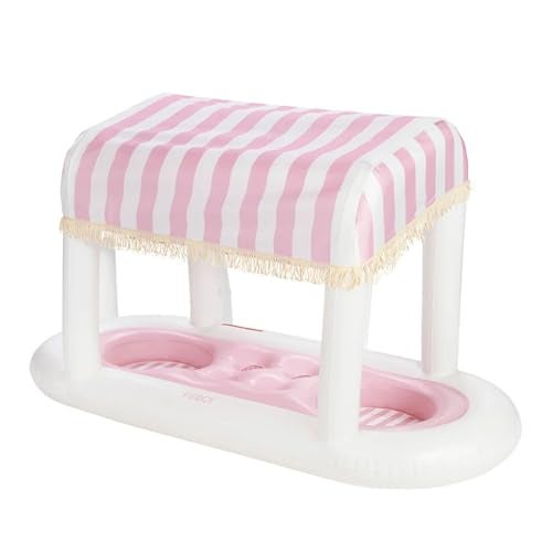 FUNBOY Giant Floating Pink Cabana Stripe Drink Station Removable Fabric Shade with Fringe Perfect for Parties TableTop Decorations and inPool Refreshments - Image 1