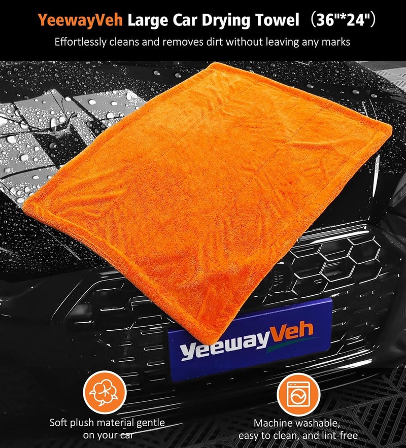 YeewayVeh حزمة 3 مناشف تجفيف سيارات، 24 × 36 بوصة مناشف تجفيف سيارات كبيرة جدًا ذات حلقة مزدوجة ملتوية، 16 × 16 بوصة منشفة ألياف دقيقة بدون حواف ومناشف نسيج وافل ماصة للسيارات والشاحنات وسيارات الدفع الرباعي، برتقالي - Image 2