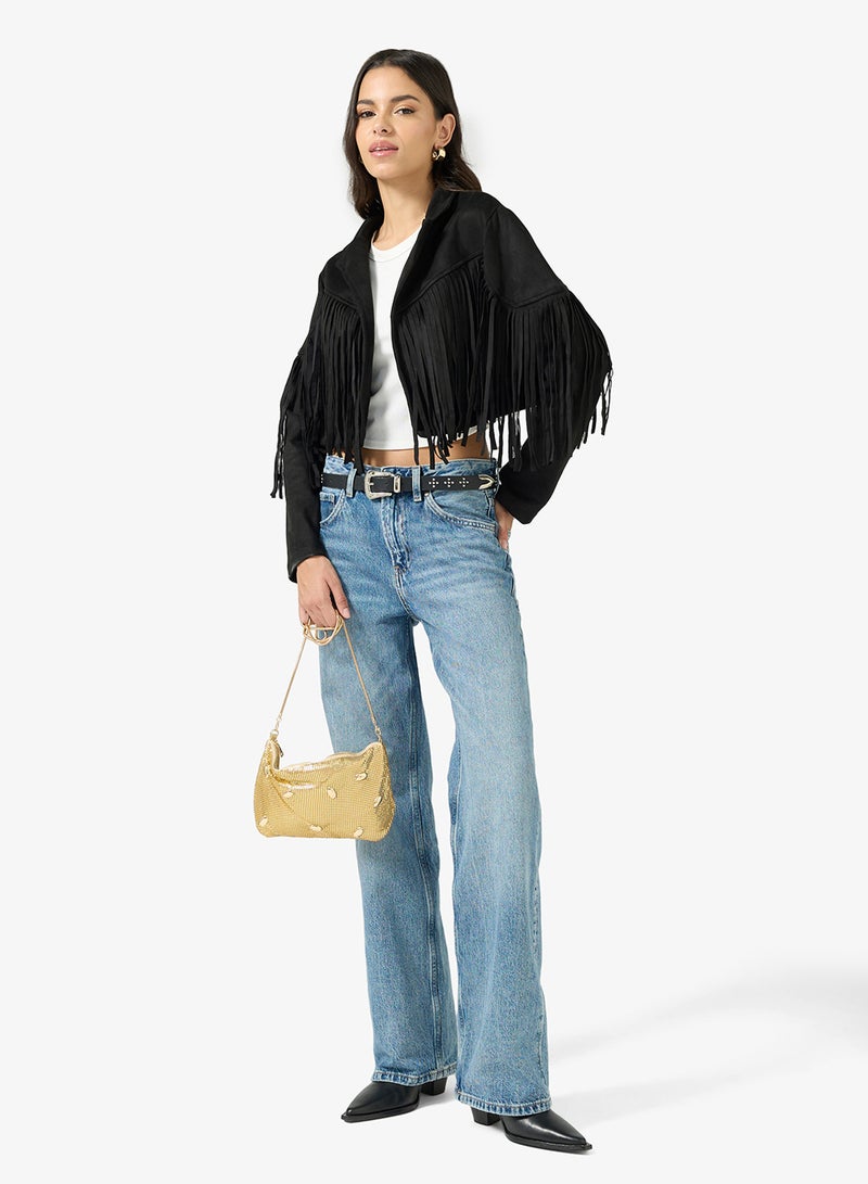 Ginger Suede Lapel Collar Jacket with Fringe Detail - Image 4