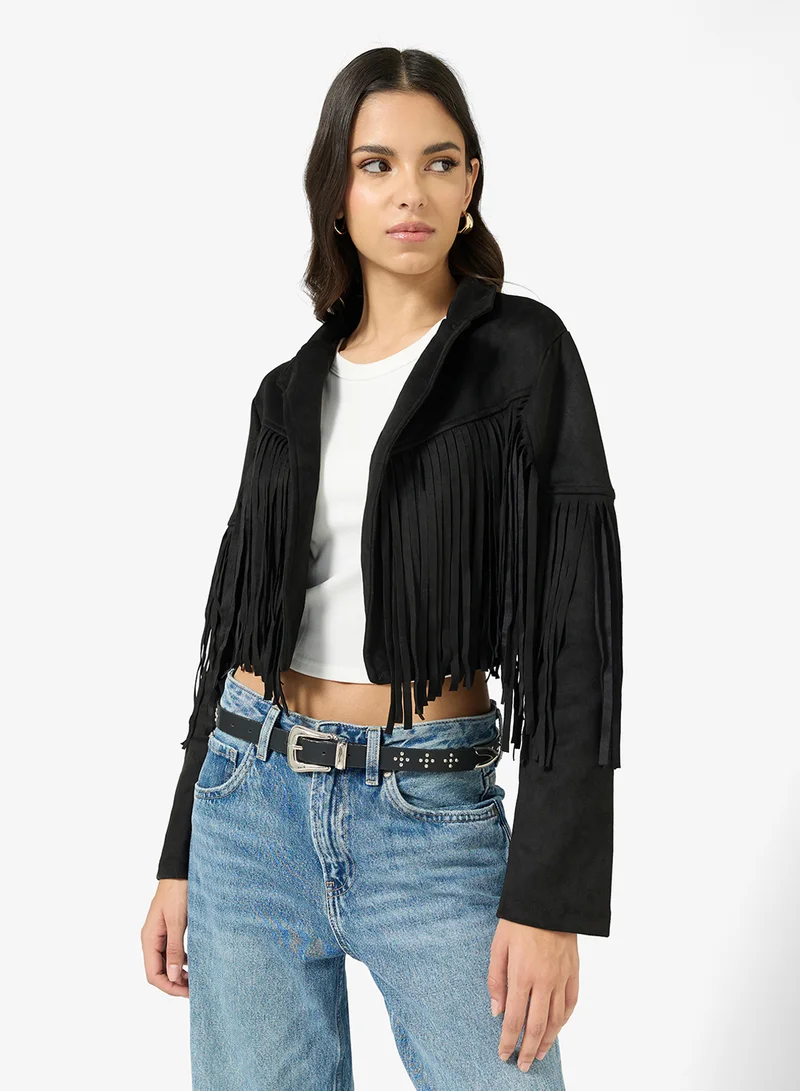 Ginger Suede Lapel Collar Jacket with Fringe Detail