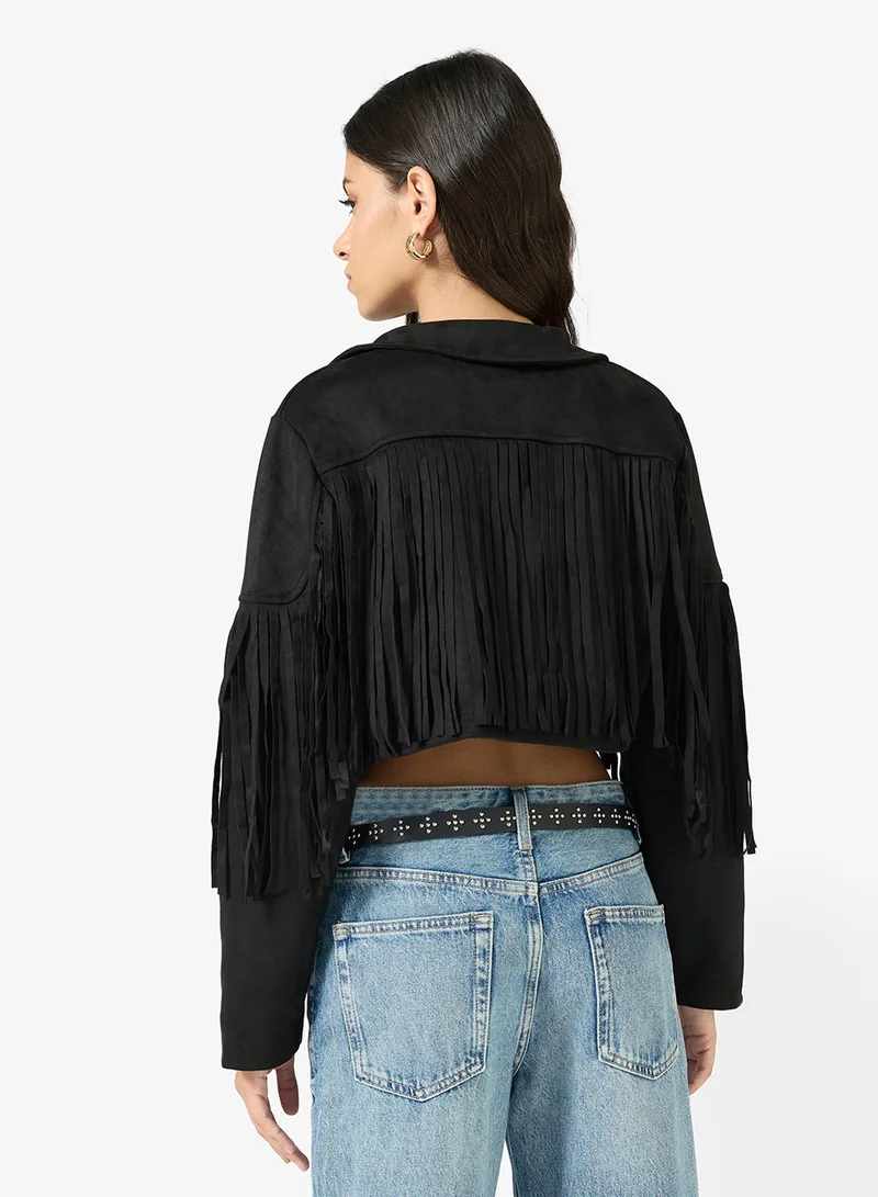 Ginger Suede Lapel Collar Jacket with Fringe Detail