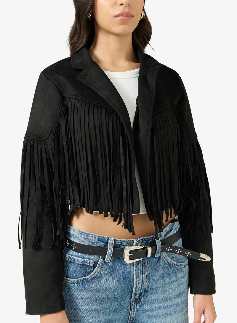 Ginger Suede Lapel Collar Jacket with Fringe Detail - Image 3
