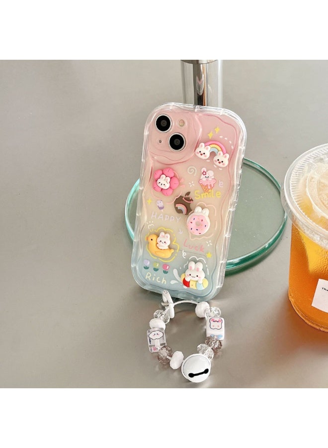NIBEMINENT 3D Wavy Edge Protective TPU Case Cover For iPhone 14 Pro, Rainbow Duck With Bell Pendant - Image 1