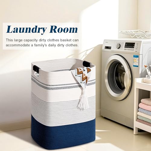 Degeyoyo Laundry Hamper, 95L Tall Laundry Basket with Leather Handles, Rectangle Large Clothes Hamper for Organizing, Cotton Woven Laundry Baskets Storage Hampers for Bedroom, Nursery, Living Room - Image 4
