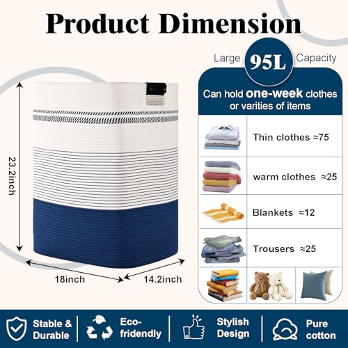 Degeyoyo Laundry Hamper, 95L Tall Laundry Basket with Leather Handles, Rectangle Large Clothes Hamper for Organizing, Cotton Woven Laundry Baskets Storage Hampers for Bedroom, Nursery, Living Room - Image 3
