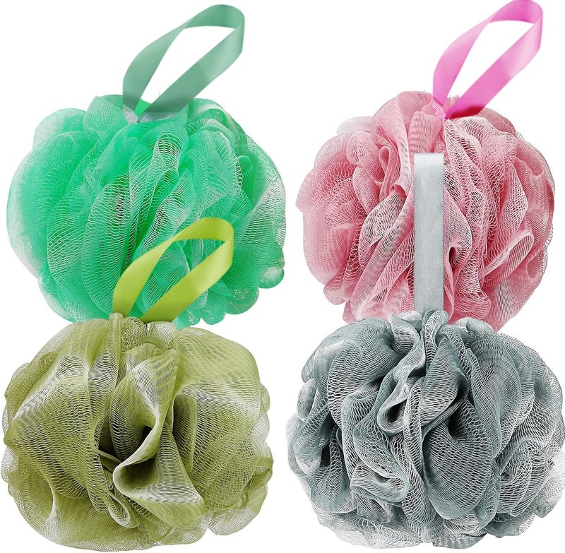 DadyMart Bath Shower Loofah Sponge 60g Bath Mesh Pouf Shower Ball Body Scrubber Exfoliating Bath Sponge for Women and Men, Set of 4, Black (Loofah-Medium, Army Green) - Image 1