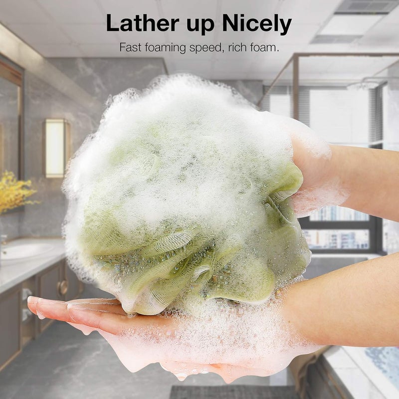 DadyMart Bath Shower Loofah Sponge 60g Bath Mesh Pouf Shower Ball Body Scrubber Exfoliating Bath Sponge for Women and Men, Set of 4, Black (Loofah-Medium, Army Green) - Image 2