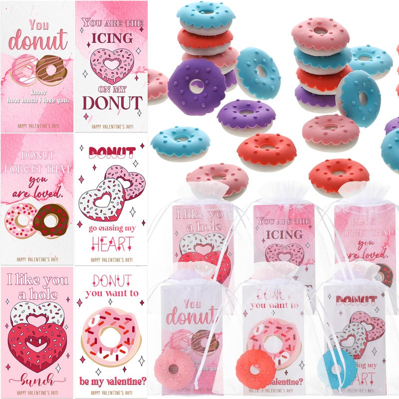 ReliThick 36 Sets Valentines Day Gifts Included 36 Donut Erasers with 36 Donut Cards 36 Organza Bags Mini Fun Food Erasers Bulk for Valentine Exchange Prizes Party Favor - Image 1