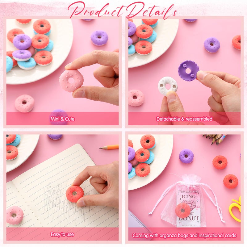 ReliThick 36 Sets Valentines Day Gifts Included 36 Donut Erasers with 36 Donut Cards 36 Organza Bags Mini Fun Food Erasers Bulk for Valentine Exchange Prizes Party Favor - Image 3