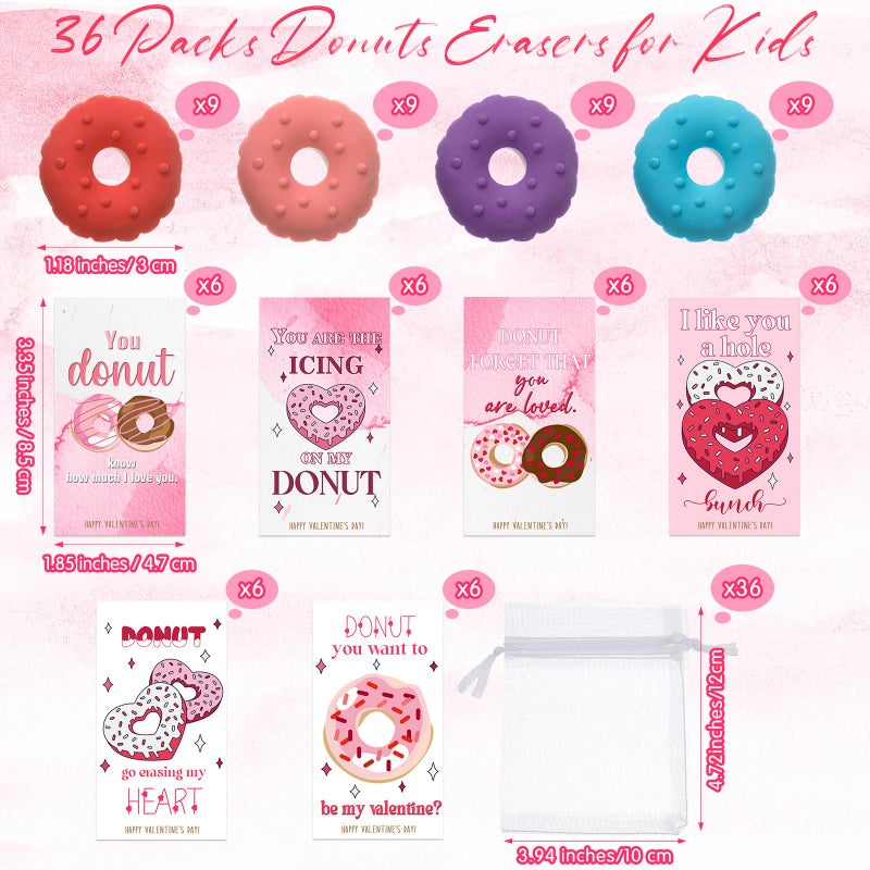ReliThick 36 Sets Valentines Day Gifts Included 36 Donut Erasers with 36 Donut Cards 36 Organza Bags Mini Fun Food Erasers Bulk for Valentine Exchange Prizes Party Favor - Image 2