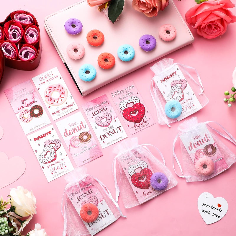 ReliThick 36 Sets Valentines Day Gifts Included 36 Donut Erasers with 36 Donut Cards 36 Organza Bags Mini Fun Food Erasers Bulk for Valentine Exchange Prizes Party Favor - Image 4