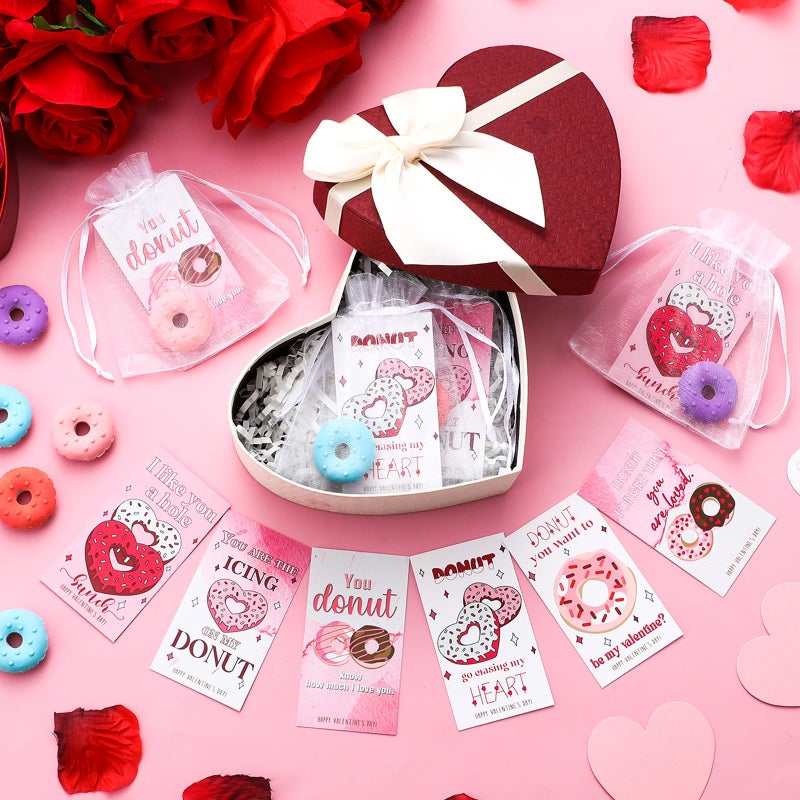 ReliThick 36 Sets Valentines Day Gifts Included 36 Donut Erasers with 36 Donut Cards 36 Organza Bags Mini Fun Food Erasers Bulk for Valentine Exchange Prizes Party Favor - Image 5