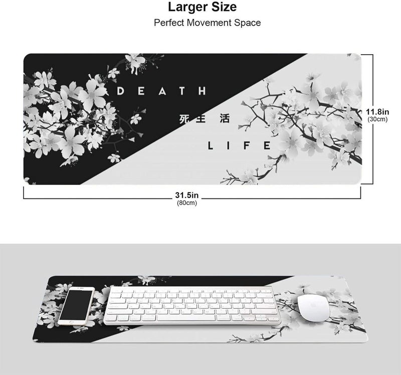 KASTWAVE Gaming Mouse Pad Black and White Cherry Blossom,Extended Large Mouse Mat Desk Pad, Stitched Edges Mousepad, Long Non-Slip Rubber Base Mice Pad(31.5x11.8x0.12 Inch) - Image 2