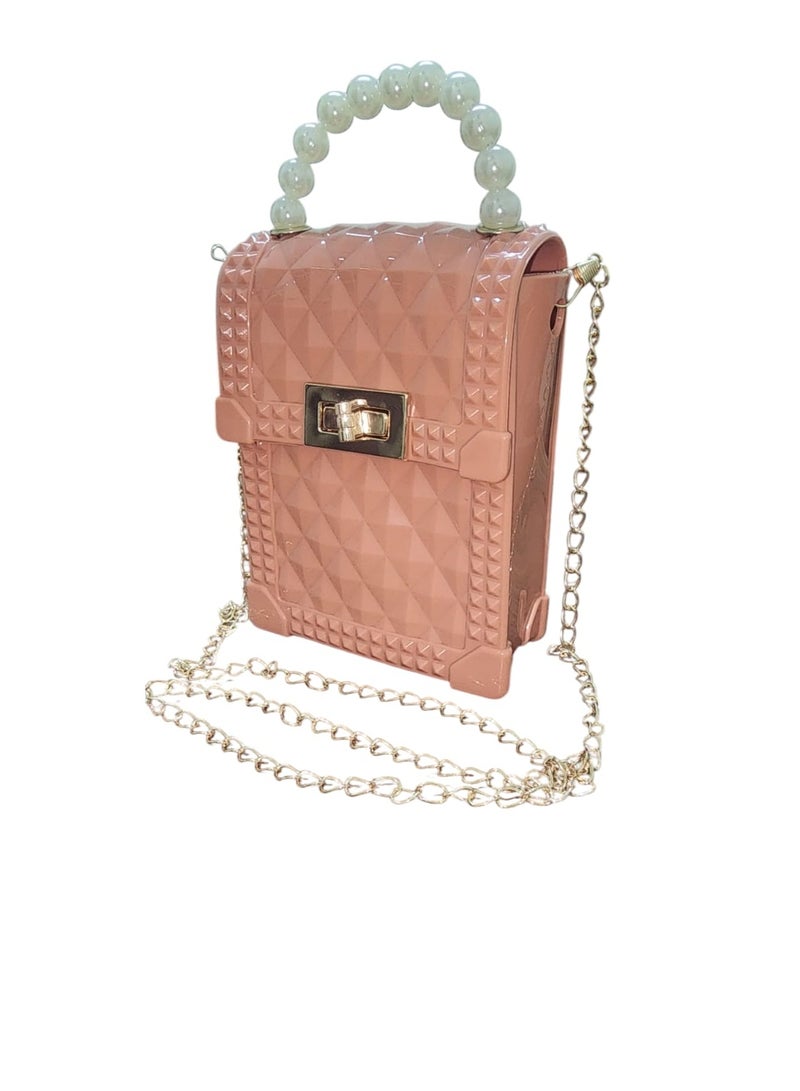 Mini Acrylic Handbag with Pearl Handle and Golden Crossbody Chain – Elegant Party Purse - Image 2