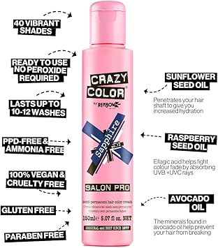 Crazy Color Sapphire SemiPermanent Hair Dye Highly Pigmented Deep Blue Conditioning Oil Nourishing Vegan Formula No Bleach or Ammonia Limited Edition 150ml Size - Image 4
