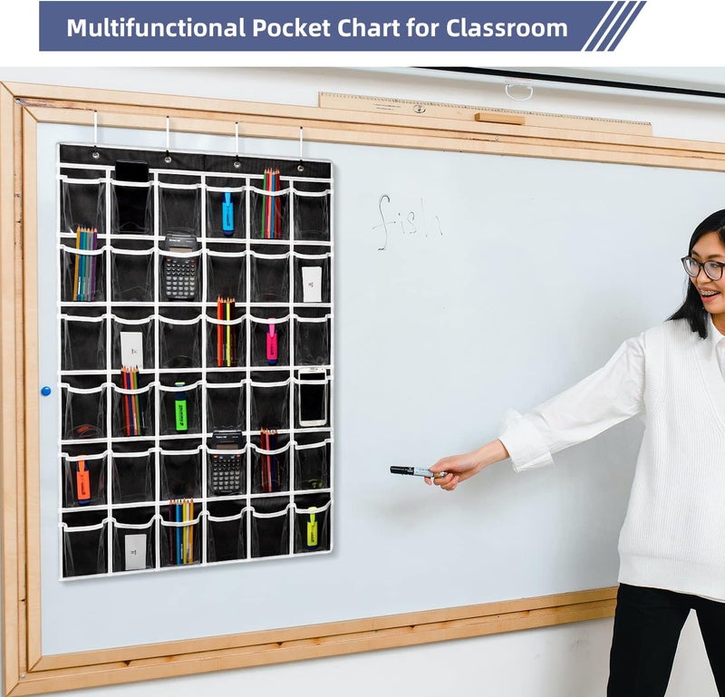ANSTROUT 36 Clear Pockets Classroom Pocket Chart for Cell Phones,Pocket Chart Organizer for Calculator Holder with 36 Number Sticker Classroom Hanging Cell Phones Organizer (Black) - Image 4