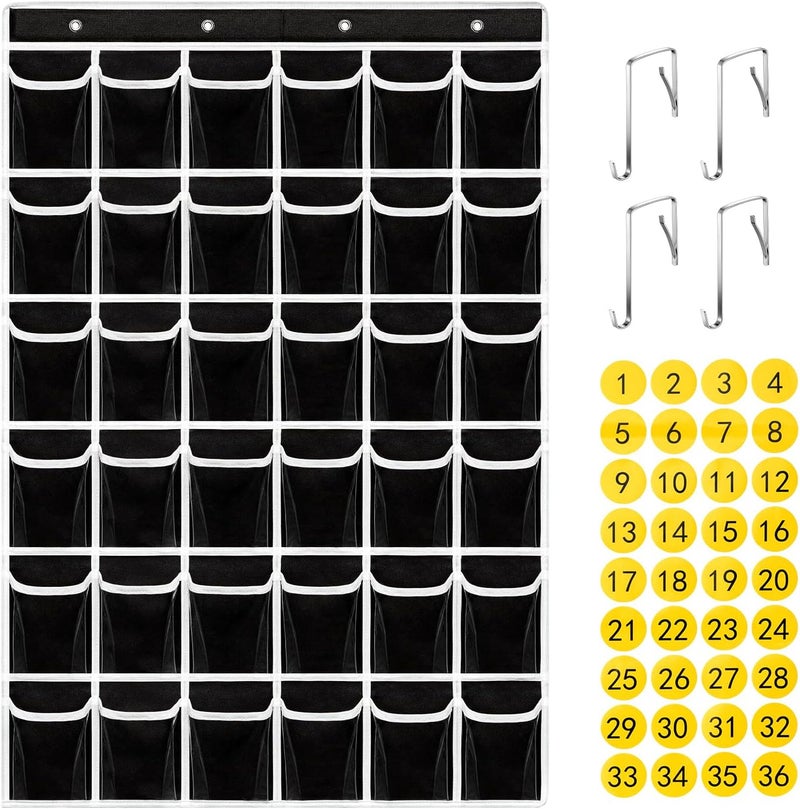 ANSTROUT 36 Clear Pockets Classroom Pocket Chart for Cell Phones,Pocket Chart Organizer for Calculator Holder with 36 Number Sticker Classroom Hanging Cell Phones Organizer (Black) - Image 1