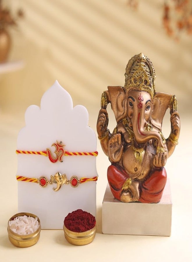 Floweraura Raksha Bandhan Celebration Premium Handcrafted Lord Ganesha Blessings Set of 2 Om & Ganesha Rakhi with Lord Ganesha Idol Showpiece-Rakhi for Brother, Bhai, Cousin & Raksha Bandhan Gift - Image 1