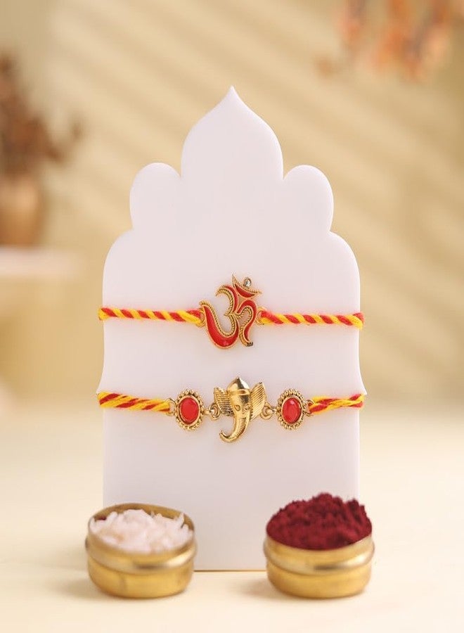 Floweraura Raksha Bandhan Celebration Premium Handcrafted Lord Ganesha Blessings Set of 2 Om & Ganesha Rakhi with Lord Ganesha Idol Showpiece-Rakhi for Brother, Bhai, Cousin & Raksha Bandhan Gift - Image 3