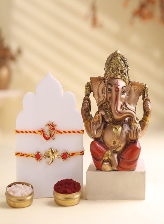 Floweraura Raksha Bandhan Celebration Premium Handcrafted Lord Ganesha Blessings Set of 2 Om & Ganesha Rakhi with Lord Ganesha Idol Showpiece-Rakhi for Brother, Bhai, Cousin & Raksha Bandhan Gift - Image 2