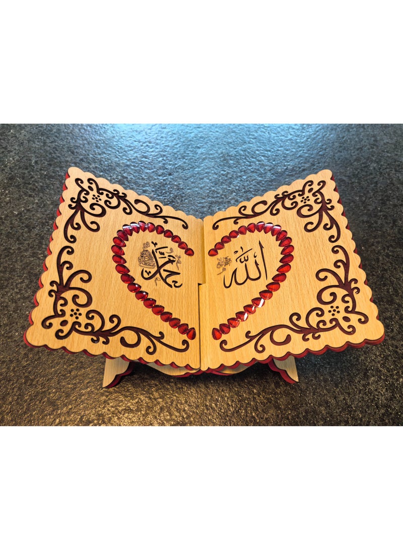 Fianser Luxury Wooden Quran Stand with Red Beads Inlay – Carved Square Rehal – Elegant Foldable Holder for Holy Book, Ideal Eid Gift - Image 3