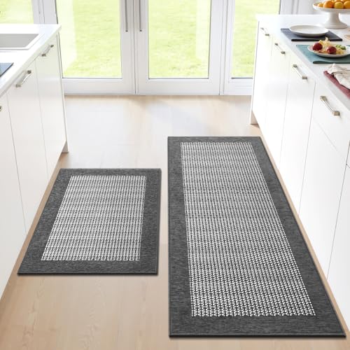 StepRite Kitchen Mats for Floor, Non-Slip Kitchen Rugs Set of 2 PCS, Super Absorbent Washable Kitchen Mats with Rubber Backing, Runner Mats for Front of Sink (20"x32"+20"x47" Grey) - Image 1