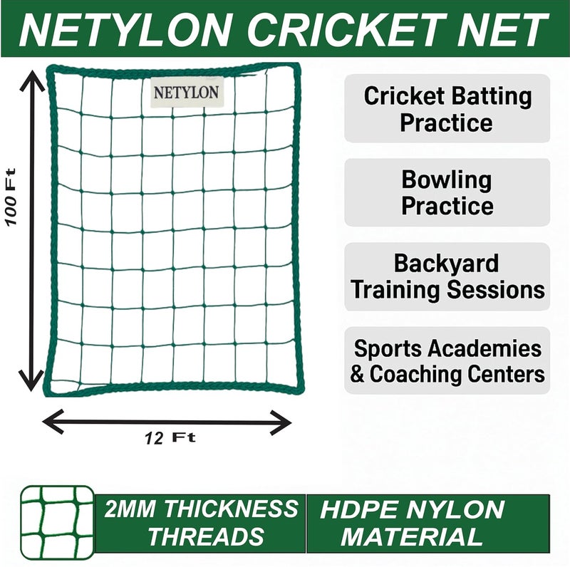 NETYLON Cricket Practice Net (2mm Thickness) Havey Duty Nylon for Batting Net Backyard & Professional Use – UV Resistant & Weatherproof (12 Ft x 100 Ft) - Image 4