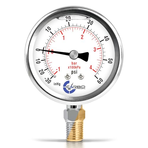 CARBO Instruments Compound Pressure Gauge -30 inHg to 60 PSI, Liquid Filled, 2.5" Dial, 1/4 NPT Lower Mount, 304 Stainless Steel Case, Brass Wetted Parts, PSI/inHg - ASME B40.1 Grade A - Image 4