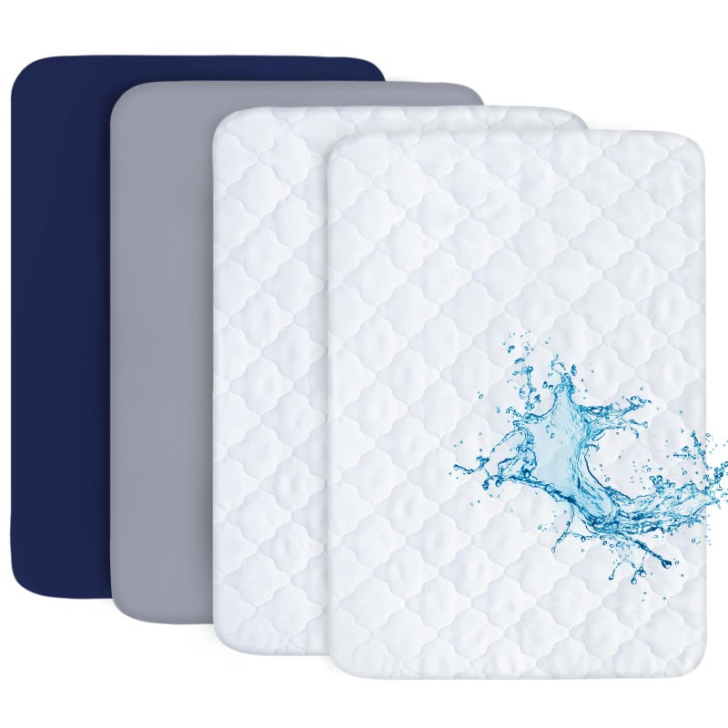 Biloban Pack and Play Sheets and Waterproof Pack n Play Mattress Protector Pad Cover 4 Pack Set, Ultra Soft Pack n Play Mattresses Sheets Compatible with Graco Pack n Play, Grey&Navy - Image 1