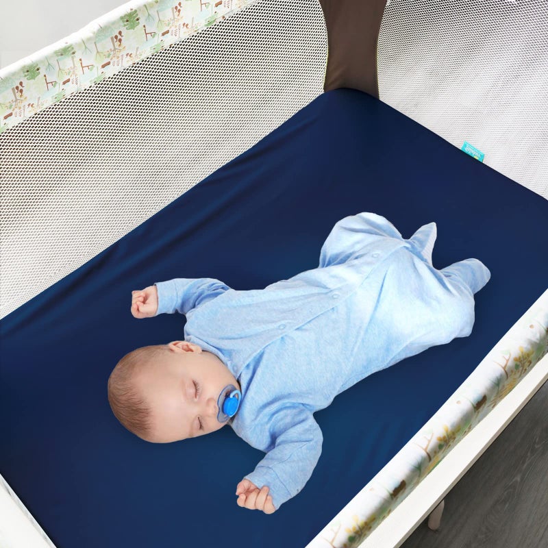 Biloban Pack and Play Sheets and Waterproof Pack n Play Mattress Protector Pad Cover 4 Pack Set, Ultra Soft Pack n Play Mattresses Sheets Compatible with Graco Pack n Play, Grey&Navy - Image 4
