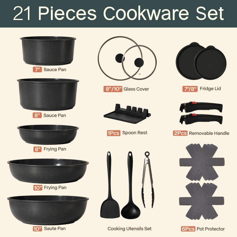 USELUCK Pots and Pans Set Non Stick 21 PCs, Stackable Cookware Sets with Detachable Handle, Granite Induction RV Kitchen Portable Cooking Set Removable Handles, Dishwasher ï¼† Oven Safe, Black - Image 2
