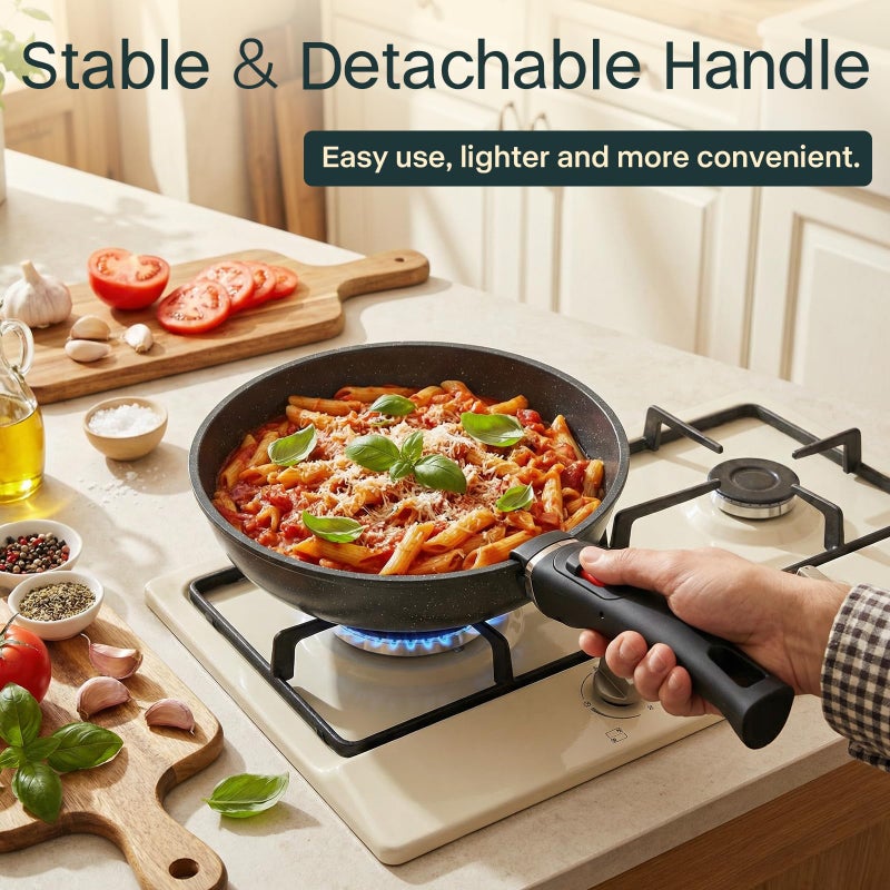 USELUCK Pots and Pans Set Non Stick 21 PCs, Stackable Cookware Sets with Detachable Handle, Granite Induction RV Kitchen Portable Cooking Set Removable Handles, Dishwasher ï¼† Oven Safe, Black - Image 4