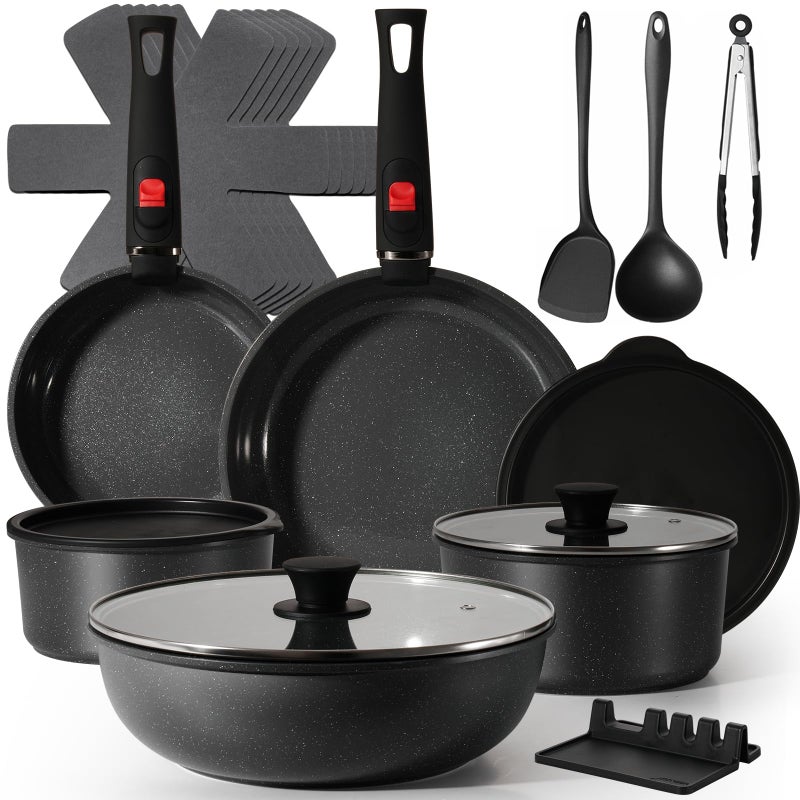 USELUCK Pots and Pans Set Non Stick 21 PCs, Stackable Cookware Sets with Detachable Handle, Granite Induction RV Kitchen Portable Cooking Set Removable Handles, Dishwasher ï¼† Oven Safe, Black - Image 1