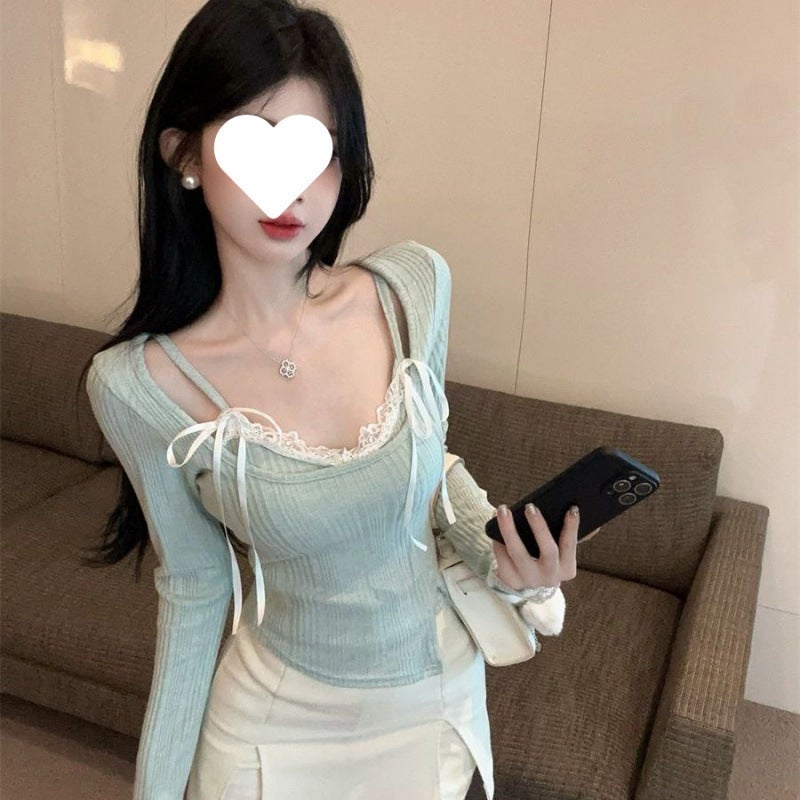 [9244 People Collected] Pure Desire Green Knitted Bottoming Shirt Womens Early Autumn Suspender Lace Inner Chic Sweet Hot Girl Two piece tops set