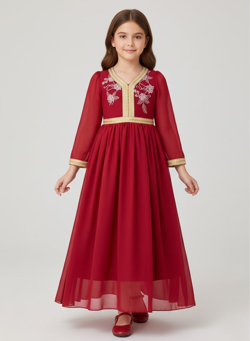 babyqlo فستان ماكسي للمناسبات للفتيات باللون الأحمر مع تطريز عربي - Image 5