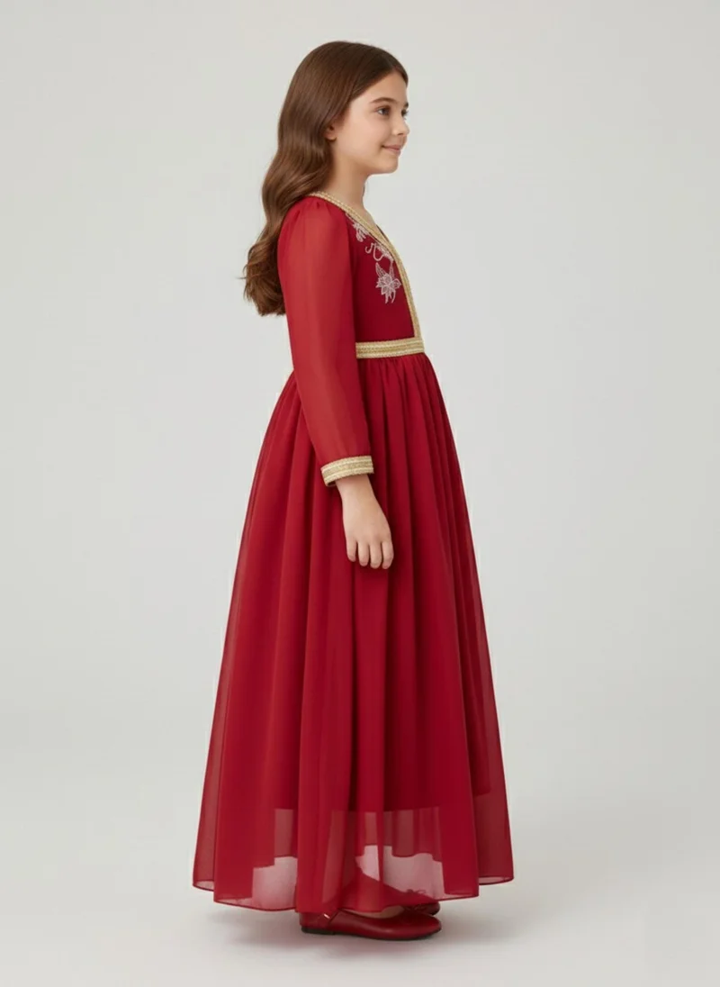 بيبي كلو Girls Red Arabic Embroidered Occasion Maxi Dress