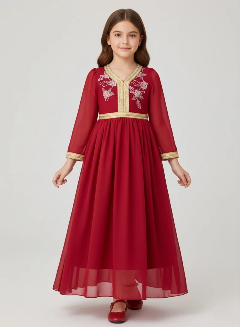 بيبي كلو Girls Red Arabic Embroidered Occasion Maxi Dress
