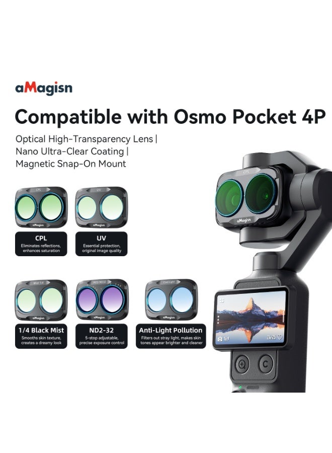 aMagisn 5pcs For DJI Osmo Pocket 4P Filter Set, Magnetic Quick Release Lens Filter Kit with CPL UV 1/4 Black Mist Adjustable ND2-32 Light Pollution Filters, Nano Coated Optical Glass - Image 1