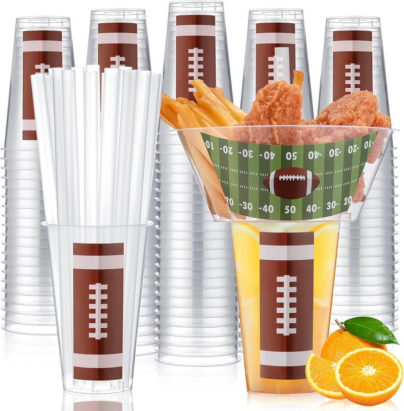 SiliFine 25 مجموعة من أكواب حفلة كرة القدم للشرب والوجبات الخفيفة مع مصاصات أكواب بلاستيكية قابلة للتخلص منها مع وعاء وجبة خفيفة مع حامل وجبة خفيفة لأكواب تناول الوجبات الخفيفة للبطاطس المقلية والدجاج المقلي والفواكه - Image 1