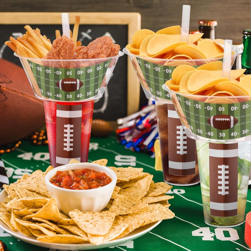 SiliFine 25 مجموعة من أكواب حفلة كرة القدم للشرب والوجبات الخفيفة مع مصاصات أكواب بلاستيكية قابلة للتخلص منها مع وعاء وجبة خفيفة مع حامل وجبة خفيفة لأكواب تناول الوجبات الخفيفة للبطاطس المقلية والدجاج المقلي والفواكه - Image 5