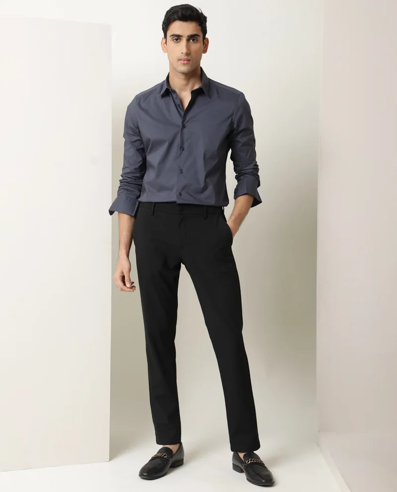 Rare Rabbit Rare Rabbit Mens Benedict Dark Grey Cotton Stretch Drop Collar Full Sleeve Solid Shirt