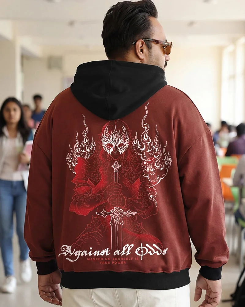 bewakoof Men's Fudgesickle Brown Against All Odds Graphic Printed Oversized Plus Size Hoodies