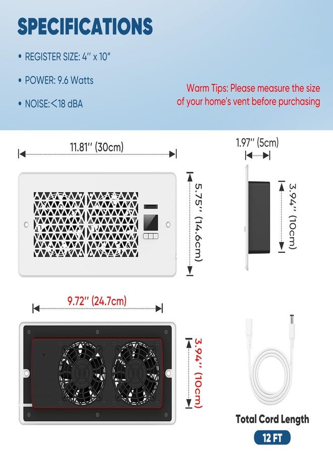 MATULSA Register Booster Fan for 4" x 10" Register Holes with Remote Control and Thermostat, 10-Speeds Floor Vent Fan Booster - Enhances AC Heating&Cooling Airflow, Quiet Air Duct Fan for Wall, White - Image 2