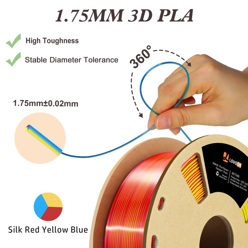 LOVOON 3D Tri-Colors PLA Printer Filament 1.75mm, Silk PLA Red Yellow Blue, 3D Printing Filament +/-0.02mm, Most 3D Printer and 3D Pen Compatible, 1kg(2.2lbs)/Spool - Image 4