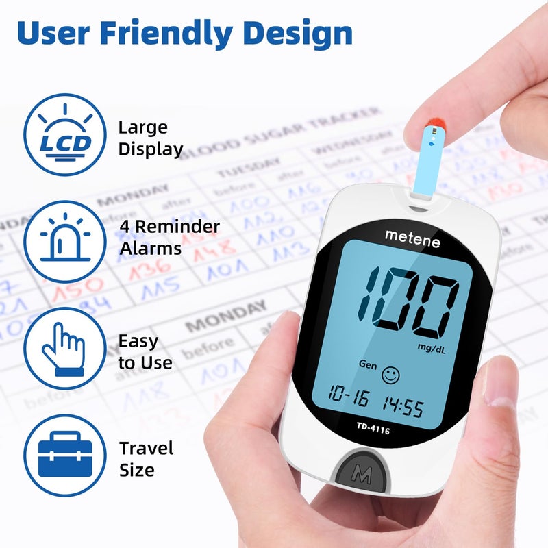 Metene TD4116 Blood Glucose Monitor Kit 150 Glucometer Strips 150 Lancets 1 Blood Sugar Monitor Blood Sugar Test Kit with Control Solution Lancing Device No Coding Large Display - Image 4
