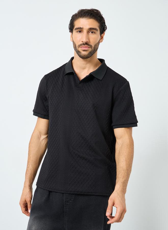 Styli Black Textured Regular Fit Polo T-Shirt - Image 3